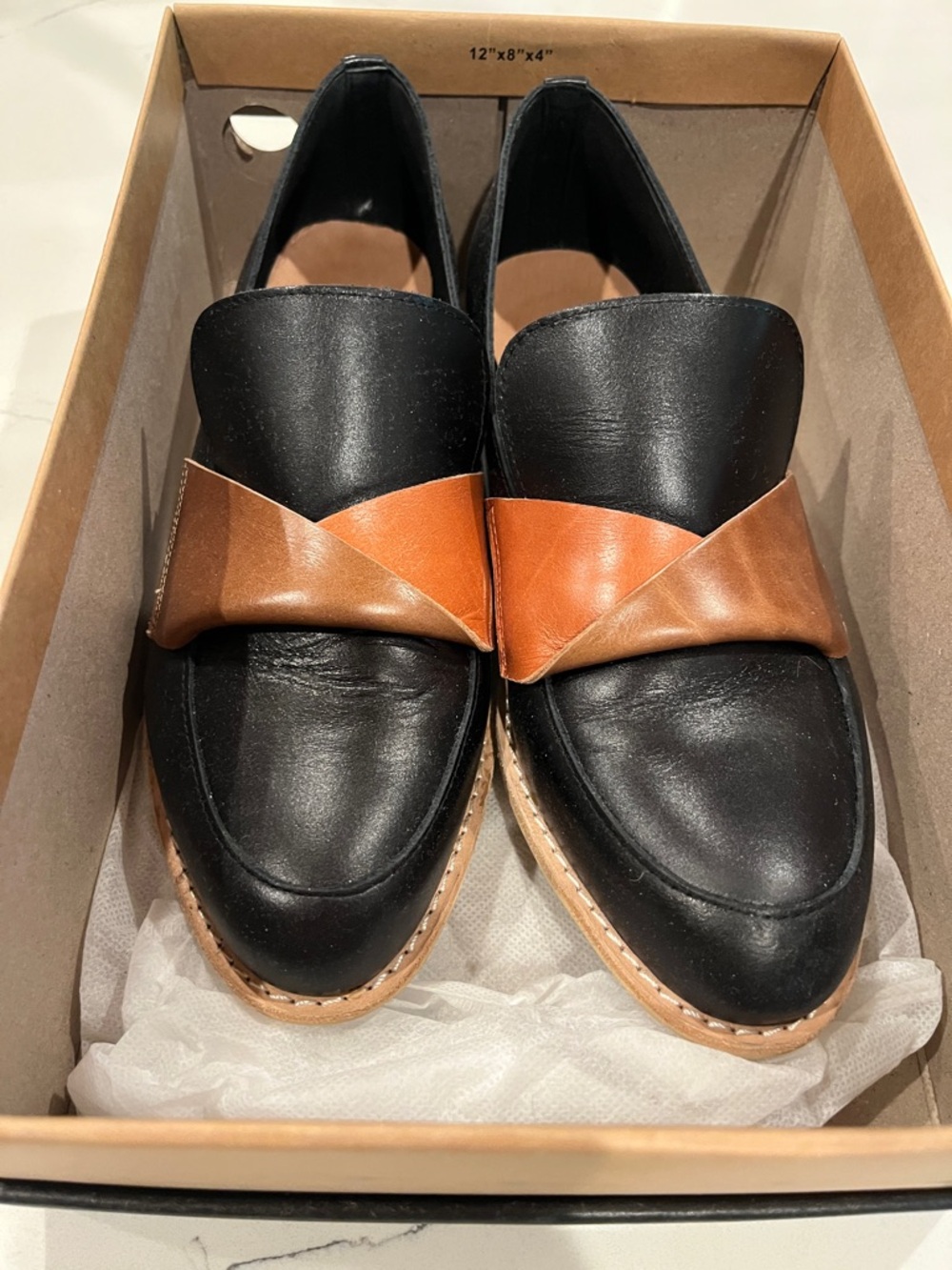 All Black Leather Loafers with Tan Crossover Strap - Black